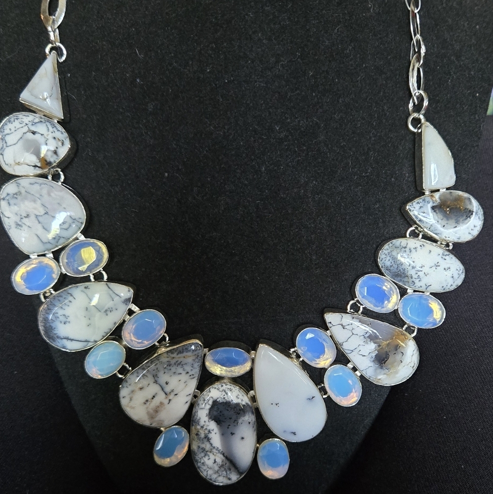 HOST PICK! 🎉🎊Dendritic Opal Opalite & Agate Sterling Necklace Sz22" Adjustable - Picture 3 of 13